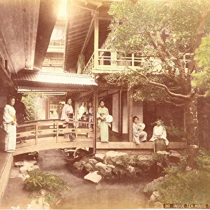 Geishas in a tea house at Tonosawa (hand-coloured albumen print on card)