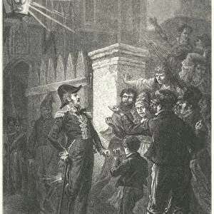 General Daumesnil confronts the Parisian mob outside the Chateau de Vincennes during the French Revolution of 1830 (engraving)