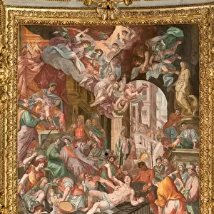 Genoa, Duomo (St Lawrence Cathedral), inside, the presbitery vault: "The Martyrdom of St Lawrence", (1622-24), fresco of the ceiling, by Lazzaro Tavarone