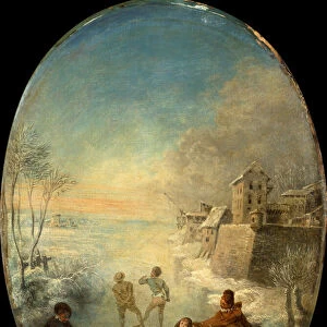 Gentlefolk on the Ice by a Walled Town in Winter (oil)