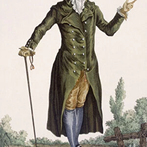 Gentleman in green coat, plate from Galeries des Modes et Costumes Francais, c