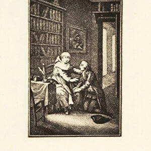 A gentleman kneels before a monk in a library, 18th century. 1911 (engraving)