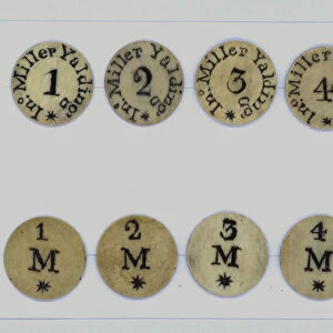 Georgian hop tokens used by a farmer named Miller to pay his workers at Yalding, Kent (colour litho)