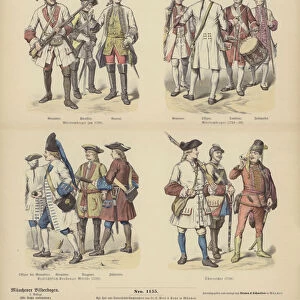 German and Austrian military uniforms, 18th Century (coloured engraving)