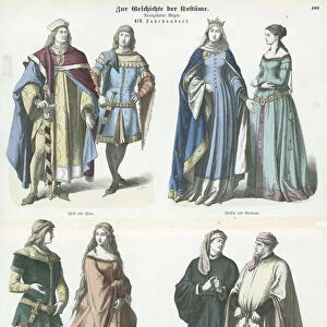 German costumes, 14th Century (coloured engraving)