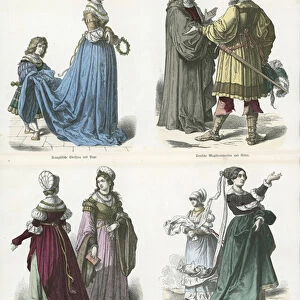 German and French costumes, early 16th Century (coloured engraving)