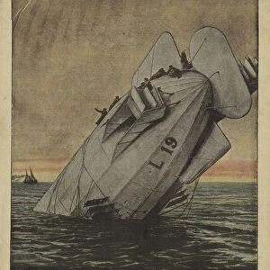 German Zeppelin L19 crashed in the North Sea on its way back from a raid on England, World War I, 1916 (colour litho)