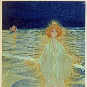 Ghost appearing above the sea during the night, early 20th century (colour litho)
