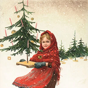 Girl carrying small Christmas tree in the snow (chromolitho)