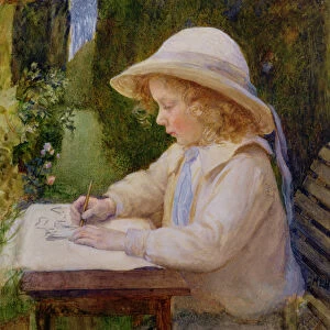 Girl drawing on a garden table (study)