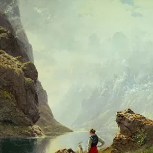A Girl with Goats by a Fjord (oil on canvas)