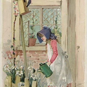 Girl with Green Watering Can (chromolitho)