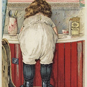 Girl Leaning Over Sink Little Mischief (chromolitho)