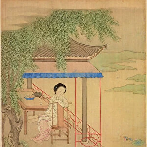 Girl Seated on Porch (ink on silk)