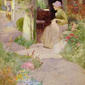 A Girl Sewing at the Door of a Cottage, 1906 (w / c on paper)