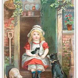 Girl sitting on doorstep, Christmas Card (chromolitho)