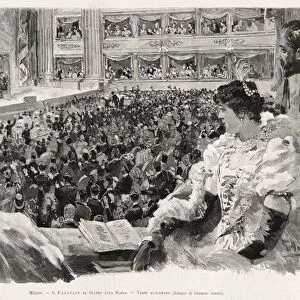 Giuseppe Verdi acclaimed in Teatro della Scala of Milan, following a performance of the opera Falstaff, from "L Illustrazione Italiana", XX, N. 8 of 19 February 1893 (litho)