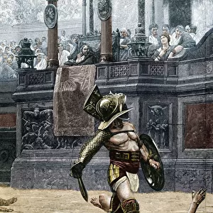 Gladiators in the Roman Arena. Spectators are warning the winner not to spare his