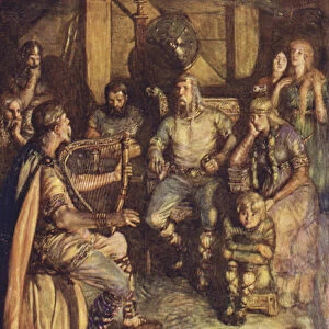 The gleeman sings the deeds of Beowulf (colour litho)