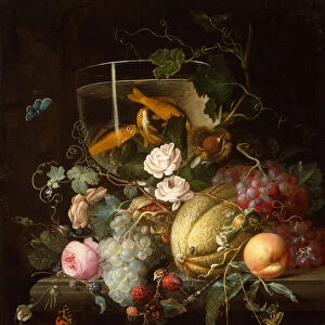 A Goldfish Bowl, Roses, Fruits and Nuts with Insects on a Stone Ledge, 1705 (oil on canvas)