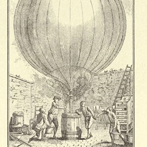 Gonflement du premier ballon a hydrogene, par Charles, les freres Robert et un aide, du 23 au 26 aout 1783 (engraving)