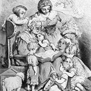 Grandmother telling a story to her grandchildren, illustrated title page from Les