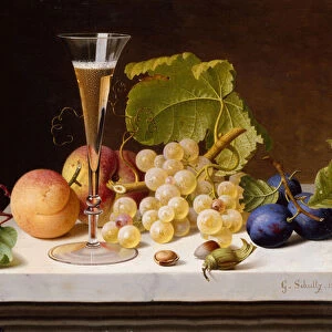 Grapes, Peaches, Plums, Nuts and a Glass of Champagne on a Marble Ledge, 1876 (oil on canvas)