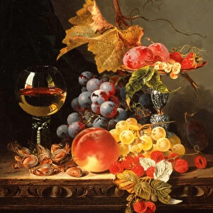 Grapes, Plums, White currants, Strawberries with Wine on a Wooden Ledge (oil on canvas)