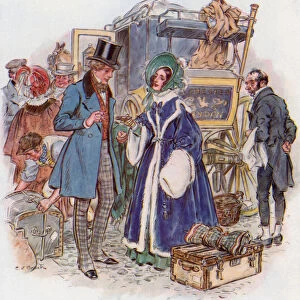 Great Expectations, Estella arrives in Cheapside by coach from Rochester (colour litho)