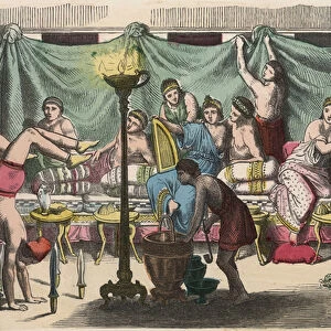 Greece at the time of the Republics: Banquet and gymnastic, 1866 (coloured engraving)