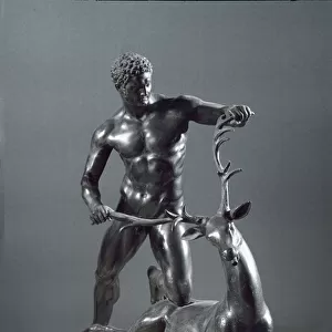 Greek antiquite: "Hercules killing a deer"Group sculpted bronze after a Greek orginal of Lysipe. found in Torre del Greco (Naples). Palermo, Museo Archeologico Nazionale