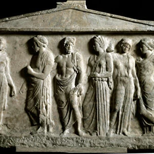 Greek art: low relief votive marble depicting Artemis before a god, center Kephisos