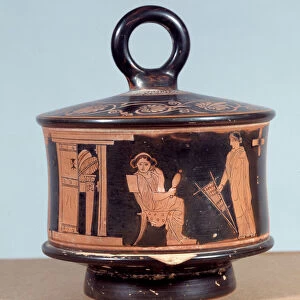Greek art: women in a weaving and spinning gynecee. Pyxide has red figures decorated by
