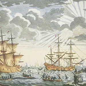The Greenland or Whale Fishery, engraved by E. Kirkall, c. 1720 (colour litho)
