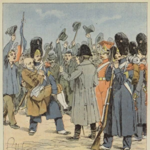 Un grenadier de l ile d Elbe amene a Napoleon son pere nonagenaire en le portant dans ses bras (colour litho)