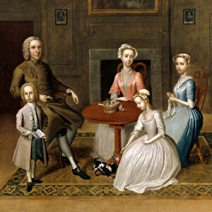 Group portrait, possibly of the Brewster family, in a domestic interior