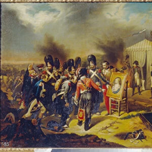 Guerres napoleoniennes, Campagne de Russie (1812) : la garde royale de Napoleon Ier admirant le portrait du fils de l empereur, Napoleon II duc de Reichstadt et roi de Rome (1811-1832)