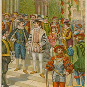 Guests Waiting Outside the Cathedral of Bologna at the Coronation of Emperor Charles V in 1536 (chromolitho)