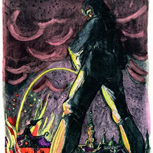 Gulliver urinates on flames to extinguish the fire of the palace of the Empress of Lilliput, 1940 (illustration)