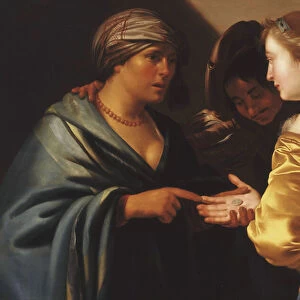 A Gypsy Fortune Teller with a Young Couple, (oil on panel)