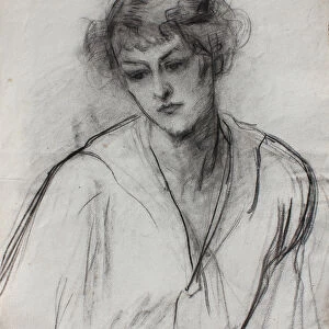 Half length portrait of a young girl, leaning forward, c. 1910 (black chalk on paper)