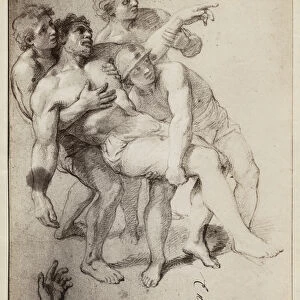 Half naked man supported by three men, study for Alexander the Great and Porus
