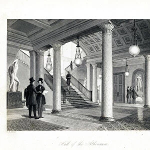 Hall of the Athenaeum Club, with panelled walls and mosaic floor, statues of Diana Robing and Venus Victrix. Steel engraving by W. Radclyffe after an illustration by G. B