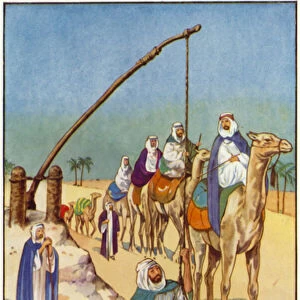 A Halting-Place in the Desert, Drawing Water from a Well (colour litho)