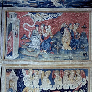 Hanging of Revelation (1373-1383), n. 49: the first angel announces victory. Below, n. 56, the seven angels carry the seven bottles of Gods anger. Tapestry by Nicolas Bataille (1330-1405), 14th century. Angers, Musee De La Tapestry