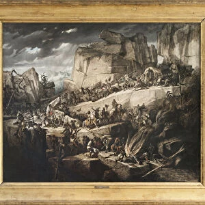 Hannibal crossing the Alps, scene illustrating the army of Carthage, directed by Hannibal Barca on march to Rome during the Second Punic War (218-201 BC), Oil painting on canvas by Benedict Masson (1819-1893), carried out in 1881
