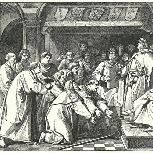 The Hanseatic League ruling on traders accused of breaking the rules, 16th Century (engraving)
