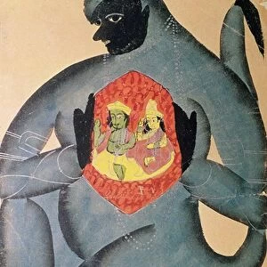 Hanuman revealing Rama and Sita enshrined in his heart, painted by a member of the Patua caste