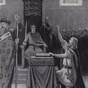 Harold Godwinson swearing an oath on sacred relics to support William, Duke of Normandys claim to the English throne (litho)