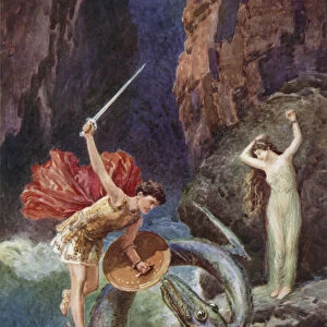 Down from the height of the air fell Perseus. From How Perseus came to Ethiops (colour litho)